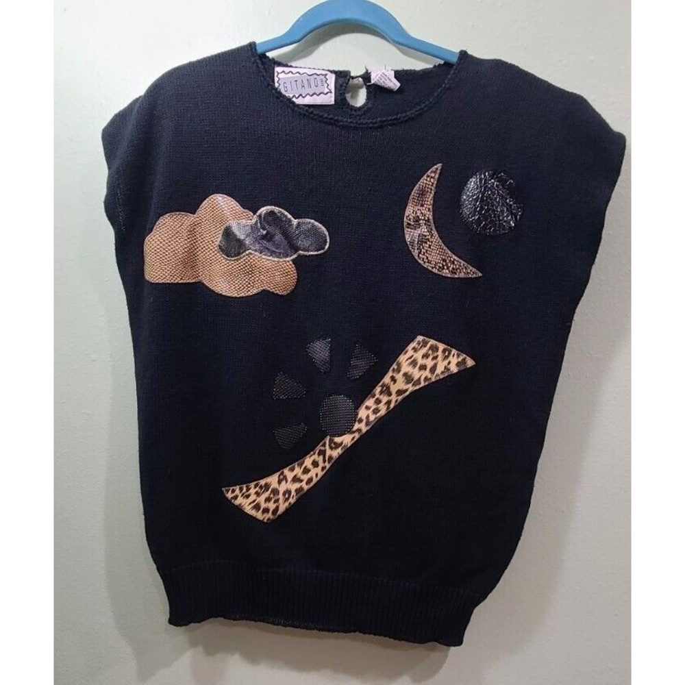 Vintage 80s Gitano Black Aninal Print Applique Sweater Vest Size Women's L